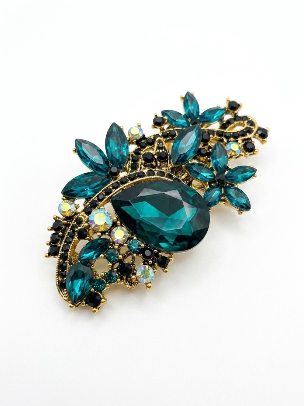 Gold-Tone Teal Crystal Floral Brooch - Elegant Women Jewelry